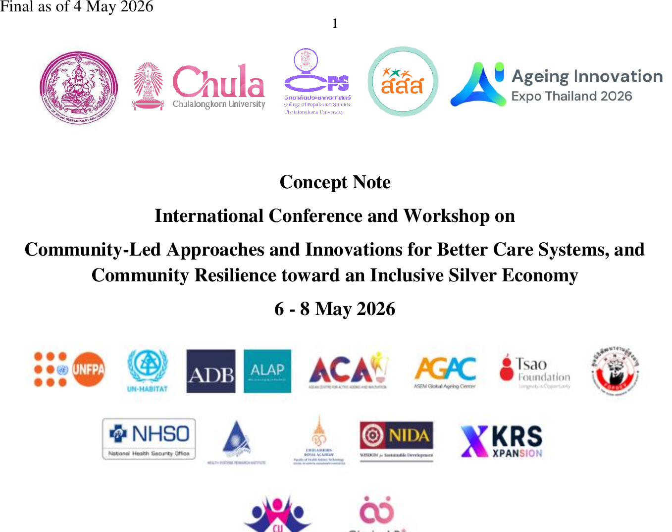 Conference title banner showing host and co-host organisation logos, including Chulalongkorn University, the College of Population Studies, the Thai Health Promotion Foundation, and the Ageing Innovation Expo Thailand.